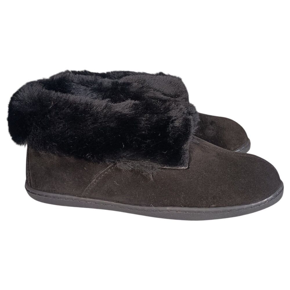 Minnetonka Suede Real Sheepskin Slipper Boots Womens 10 Black Fur Lining - Picture 2 of 14